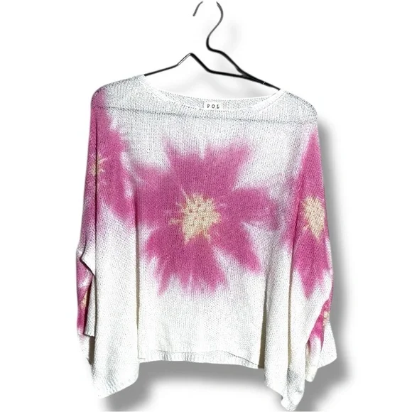 Pol Floral Pink and White Sheer Knit Women's Poncho Style 3/4 Sleeve Top - Picture 14 of 16